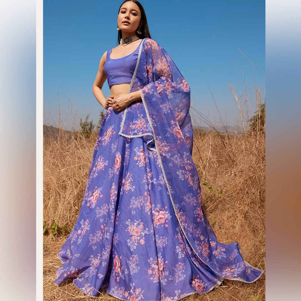 Periwinkle Floral Chanderi Lehenga. Perfect for Indian wedding!